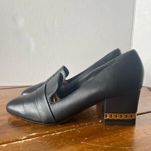 Tamara Mellon Black Leather Loafer Heels Chain Detail Heel Italy Size 36.5